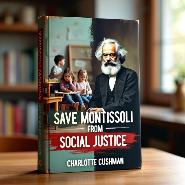 The cover features a split-screen design, with Maria Montessori on one side and Karl Marx on the other. Montessori is shown in a Montessori classroom, surrounded by children engaged in learning activities. Marx is depicted in a more somber setting, symbolizing his ideology. The split-screen represents the conflict between Montessori's educational philosophy and Marx's social justice ideas.