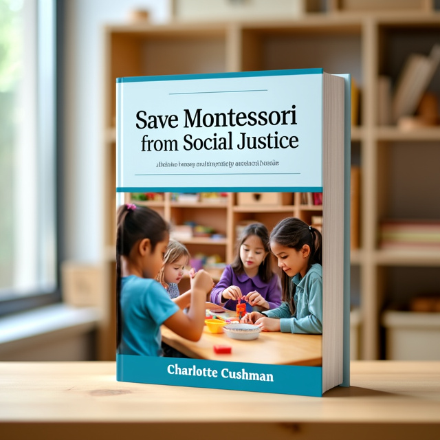 The cover shows a close-up view of a Montessori classroom. The focus is on a group of children engaged in a hands-on activity, with shelves filled with Montessori materials in the background. The image is framed by a subtle blue border.