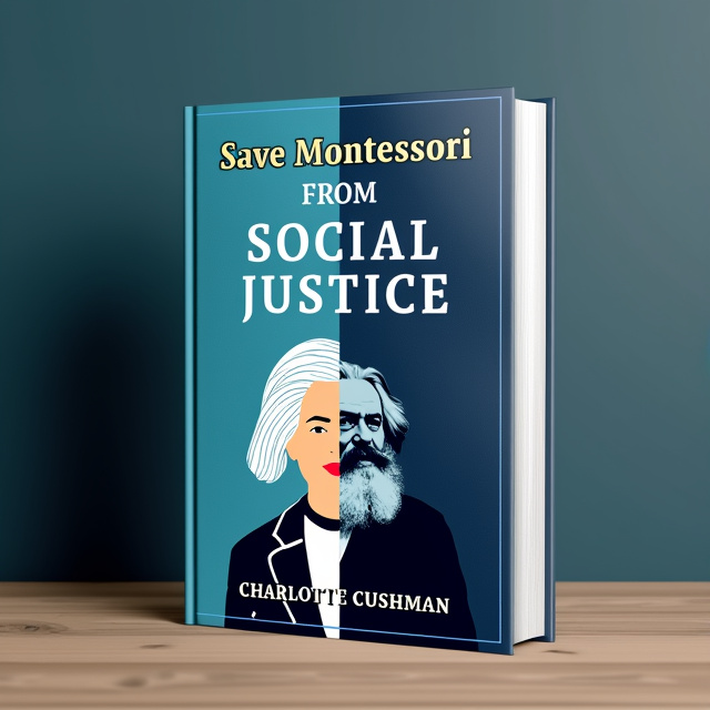 The cover features a split-screen design - on the left side, a portrait of Maria Montessori, and on the right side, an illustration of Karl Marx. The background is a gradient of blue, with darker shades at the top fading into lighter shades at the bottom.