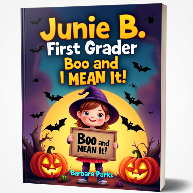 The cover features a little girl in a Halloween costume, holding a funny sign that says "Boo and I MEAN It!" The background is filled with vibrant colors and spooky elements, like bats and jack-o-lanterns.