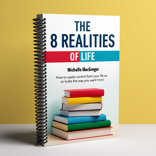 The cover features a stack of books in the center, representing knowledge and personal development. Behind the stack of books is a spiral notebook, symbolizing the process of learning and growth. The title of the book is prominently displayed at the top, surrounded by vibrant color blocks in red, blue, yellow, and green, representing the different aspects of life.