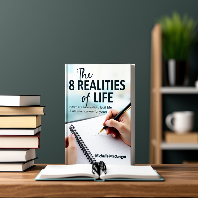 The cover features a stack of books on a desk, symbolizing knowledge and learning. A spiral notebook is placed on the desk, highlighting the importance of writing and self-reflection. The main focus is on a person's hand, holding a pen and writing in the notebook, representing personal development and transformation.