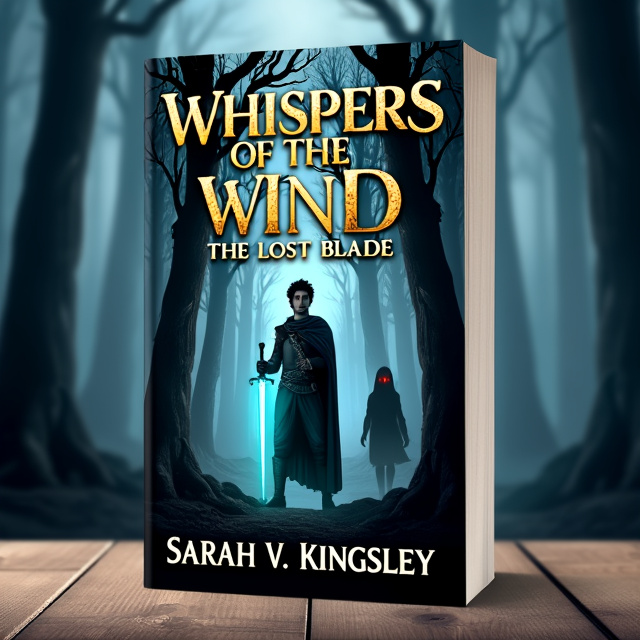 The cover features a dark, mystical forest with tall, twisted trees. In the center, the warrior Aric stands tall, holding a glowing, silver sword with both hands. A shadowy figure lurks in the background, barely visible through the trees, with only their glowing red eyes piercing through the darkness. The overall atmosphere is filled with suspicion and danger.