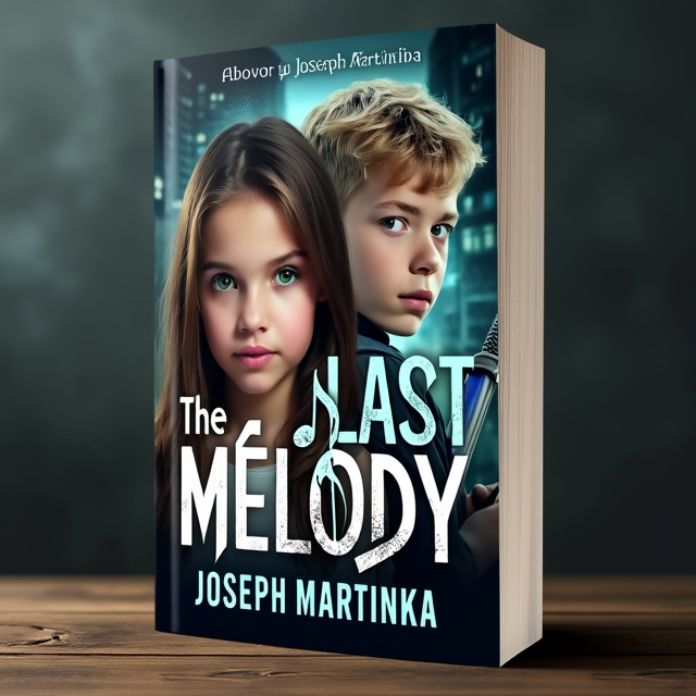 The cover features a close-up of a young girl with brown hair and green eyes, holding a treble clef necklace in her hand. Behind her, there is a silhouette of a young boy with blonde shaggy hair, holding a small sword with a blue hilt. The background is a mysterious and dark dystopian cityscape.