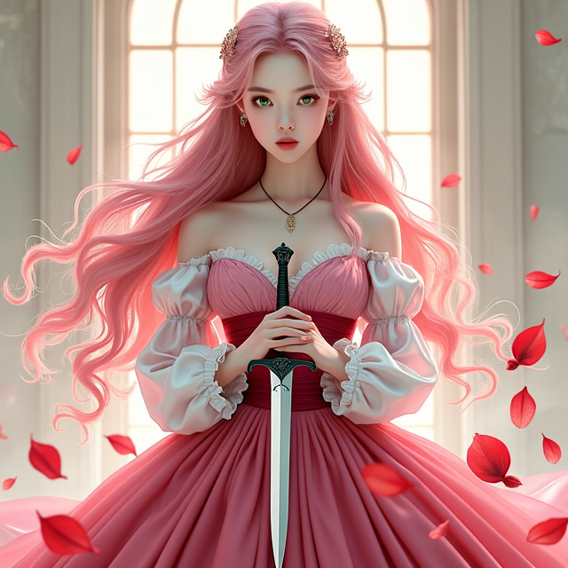 The main girl character is positioned in the center of the cover, facing forward. She is portrayed as serious and determined, with pale skin, long wavy pink hair, and striking green eyes. She is wearing a beautiful historical dress that flows down to the ground. In her hand, she holds a dagger, symbolizing danger and intrigue. Behind her, there are flowing flower petals in pink and red, adding a touch of romance to the composition.