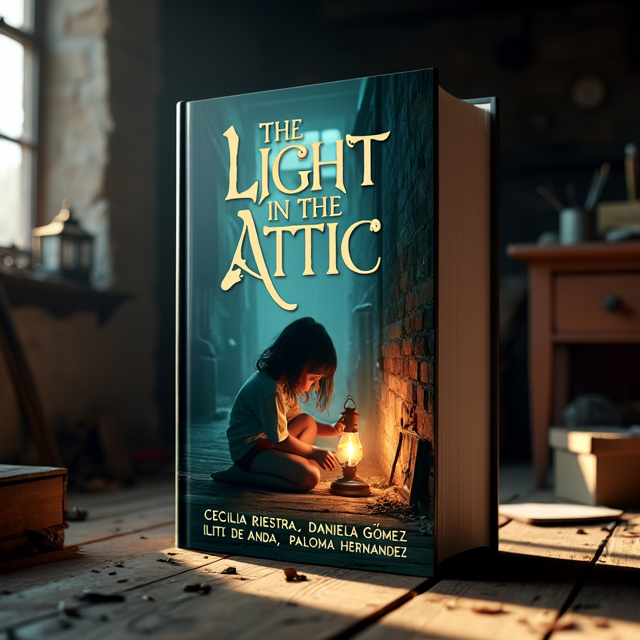 The cover is dominated by a dark, eerie attic scene. In the center, a young girl is seen huddled in a corner, holding a dimly lit oil lamp. The attic is filled with old furniture, dusty boxes, and trinkets, creating a sense of mystery and neglect. Sunlight barely filters through a small window, casting long shadows on the floor. The atmosphere is haunting, with a touch of curiosity and fear.