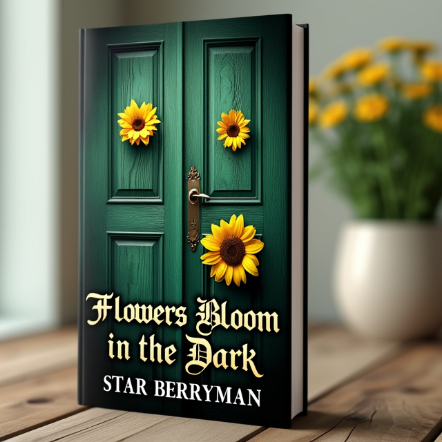 The cover features a dark green background with a slightly aged and textured appearance. In the center, there is a closed wooden door, painted in a lighter shade of green. The door has intricate carvings of two sunflowers, representing hope and growth, and giving a sense of mystery. The door is slightly ajar, hinting at the hidden secrets to be discovered within the story.