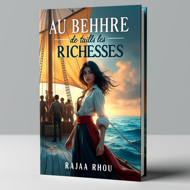 The cover features a young and beautiful captain standing on the deck of a ship, surrounded by her crew. The captain has black hair and blue eyes, exuding confidence and determination. The background depicts a vast ocean with hints of treasure hidden beneath the waves. The overall style is vibrant and full of energy, with a focus on the captain and her connection to the sea.