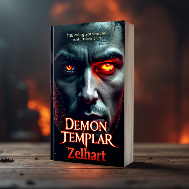 The cover features a close-up of the face of a demon templar, with half of his face in shadow and the other half illuminated. The illuminated side shows one eye with a normal appearance, while the other eye glows with a demonic aura. In the background, there are reflections of fire and battle scenes, adding a sense of conflict and intensity.