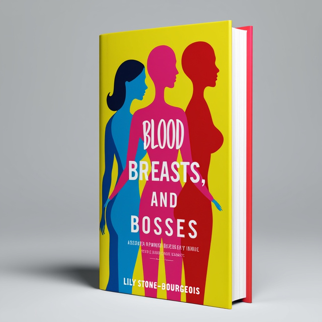 The cover features an abstract illustration of three female figures in vibrant colors. The figures are intertwined, representing the themes of blood, breasts, and bosses. The illustration is whimsical yet bold, capturing the personal and vulnerable aspects of the essays.