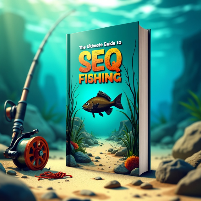 A vibrant illustration of a shallow sea floor with sandy bottom and scattered rocks. The foreground features a fishing rod, bait, and fishing reel, while in the background, a dusky flathead fish swims gracefully. The scene is bathed in shades of blue and green, creating a serene and inviting atmosphere.