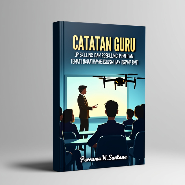 The cover depicts a futuristic classroom scene with a teacher instructing students. In the background, a drone is flying, representing the technological aspect of the book. The colors transition from blue to gold, symbolizing the progression and advancement of knowledge.