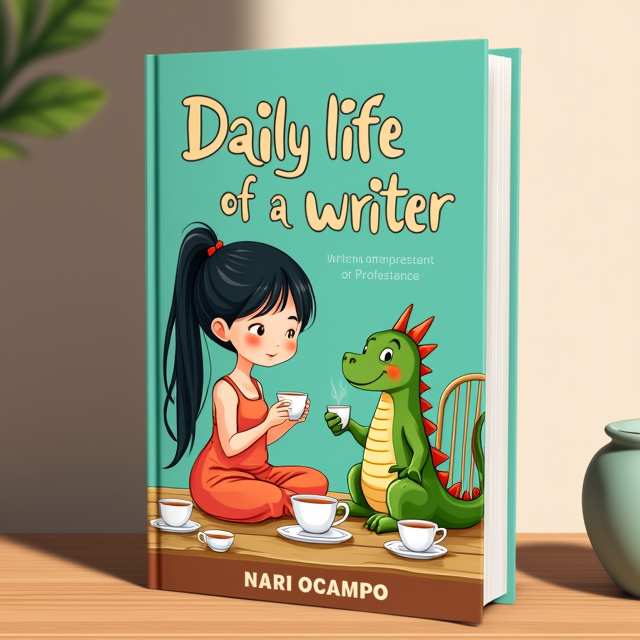 The cover depicts a girl with black hair and a green dragon sitting together at a tea party. The girl is shown sitting cross-legged, holding a teacup, while the dragon is sitting on a small chair next to her, also holding a teacup. The scene is filled with peace and humor, as both the girl and the dragon wear contented smiles.