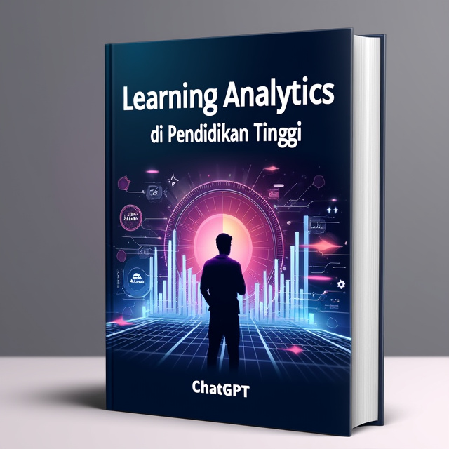 The cover features a futuristic, high-tech vibe with an abstract representation of data visualizations and AI algorithms. The background is a gradient of vibrant colors, symbolizing the dynamic nature of learning analytics. In the foreground, there is a silhouette of a person in a thinking pose, representing the integration of human intelligence with artificial intelligence.
