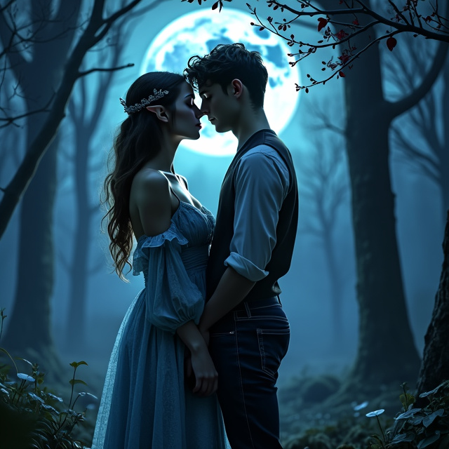 A young beautiful brunette woman and a male elf standing together in a moonlit forest, their bodies close and faces inches apart, as if about to kiss. The moon shines brightly in the background, casting a mystical glow on the scene. The overall atmosphere is mysterious and enchanting.