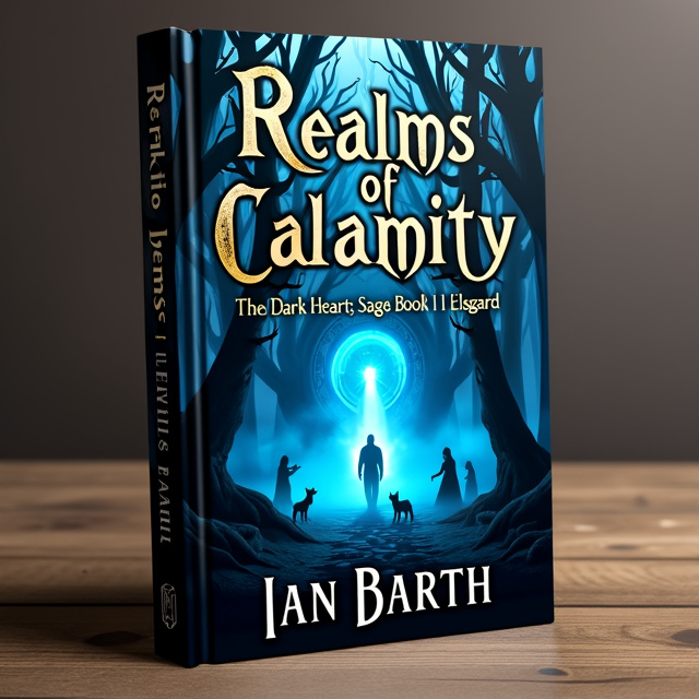 The cover features a dark and mysterious forest with twisted trees and fog creeping through. In the center, there is a mystical blue portal, emitting an eerie glow. Silhouettes of mythical creatures can be seen lurking in the shadows.