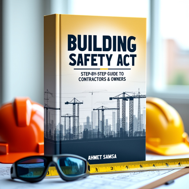 The cover features a blueprint background with a transparent overlay of a construction site. In the foreground, there is an illustration of a hard hat, safety goggles, and a measuring tape to represent the construction industry.