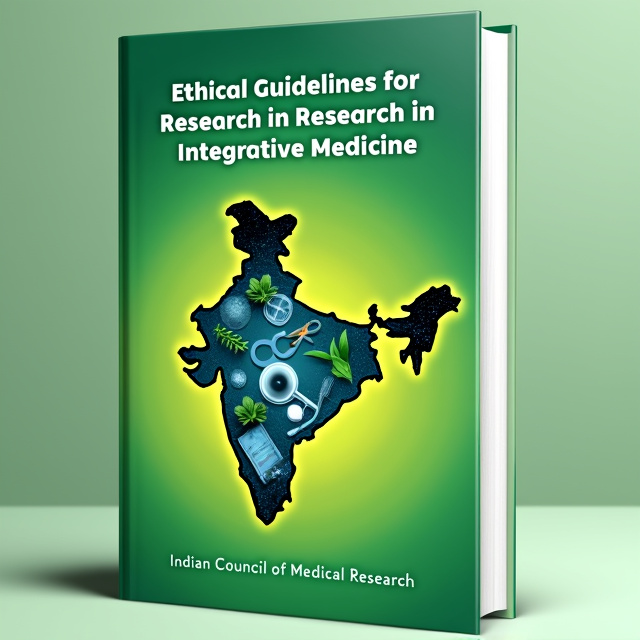 The cover features a vibrant green background with a silhouette of the map of India in the center. Overlapping the map, there is an integration of modern medical equipment and herbal medicine plants, symbolizing the integration of both approaches in the field of Integrative Medicine.