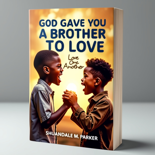 The cover depicts two African American boys, one visibly angry and the other curious and engaged. They are shown in a dynamic and energetic pose, representing their journey of learning, understanding, and embracing their emotions. The background showcases a golden glow, symbolizing their growing emotional intelligence and faith in God. In the center of the cover, an image of two hands clasping each other, highlighting the scripture "Love One Another," serves as a reminder of the importance of love and unity.