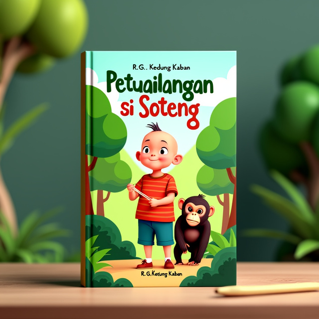 The cover features a colorful and vibrant scene of a seven-year-old boy with a bald head and a small tuft of hair in front, standing with a round belly while holding a pair of chopsticks in his hand. Next to him, there is a funny-faced chimpanzee. They are standing amidst lush greenery of trees and a lively forest.