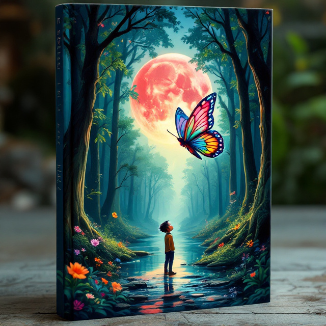 The cover features a serene forest scene with towering ancient trees and a gentle stream flowing through the middle. The forest is illuminated by surrealist moonlight, with a big red moon visible through the leaves. A colorful, enchanting butterfly hovers in the sky with a smiling human face. The seven-year-old boy stands by the stream, looking up at the butterfly in awe. Vibrant wildflowers adorn the foreground, adding to the magical atmosphere.