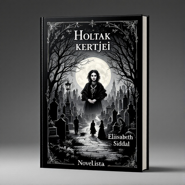 The cover features a stylized, black and white illustration of a Victorian cemetery in somber, gothic style. The central focus is on a portrait of Elisabeth Siddal, surrounded by scenes depicting key moments from her life. The overall tone is dark and mysterious, capturing the essence of the novel.