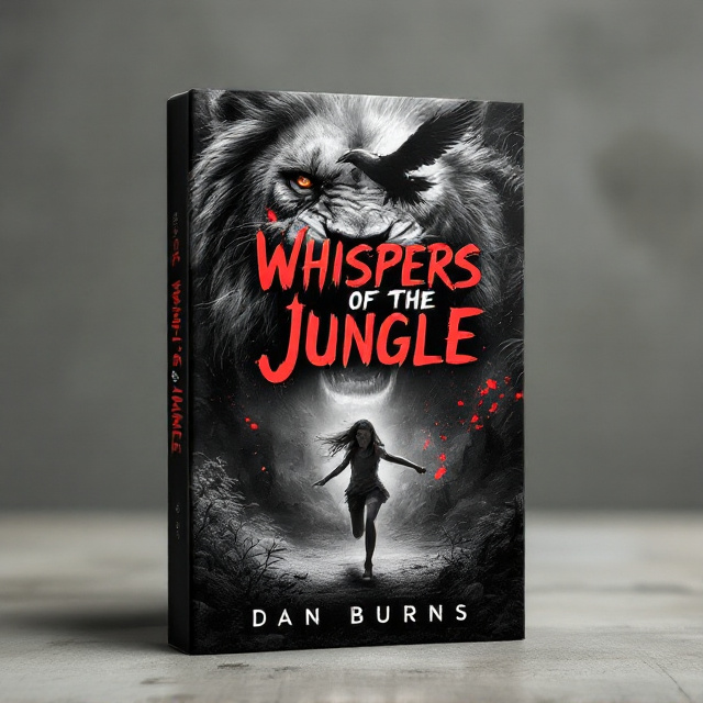 The cover features a bold and captivating image of a lion and a bird, symbolizing the dangers and mysteries of the jungle. The lion is depicted in a stalking position, with its fierce eyes focused on its prey, while the bird is soaring above, ready to strike. The girl is shown running away, fear and desperation evident on her face. The overall image is in black and white, with splashes of red highlighting the danger and intensity of the scene.
