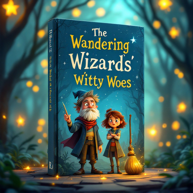 In Design 1, Glenrick is depicted in the foreground, looking frazzled but determined, with his wand raised. Mira stands next to him with her arms crossed, looking exasperated yet capable. Hobnob, the sarcastic broom, floats beside them, looking disinterested. In the background, there is a whimsical magical setting, like a forest with glowing trees, representing the chaos and wonder of the adventure. The spellbook is depicted glowing subtly in Glenrick's hand or on a floating table nearby.
