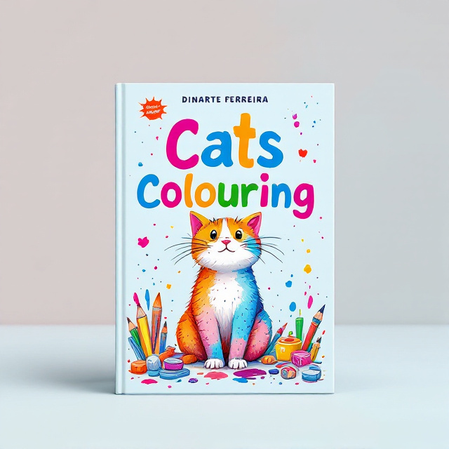 The cover features a cute illustration of a cat in bold colors, surrounded by various elements related to coloring, such as colored pencils, paintbrushes, and splashes of color. The background is a soft pastel color to create a soothing and playful atmosphere.