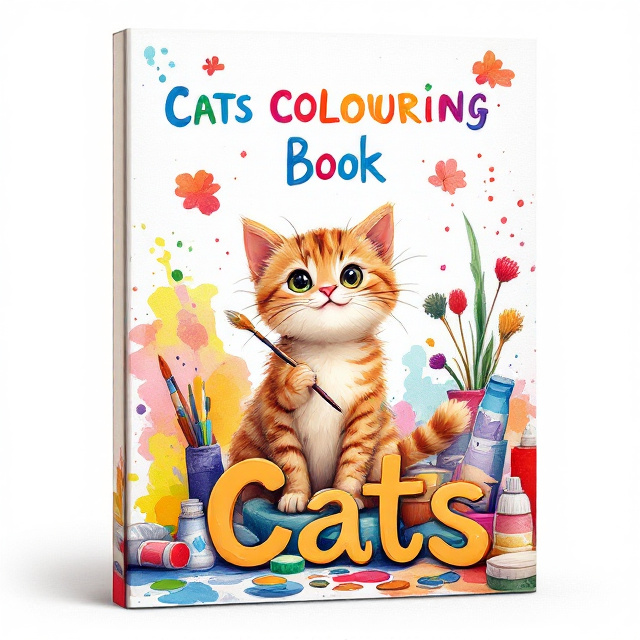 The cover features a cute illustration of a playful cat in the center, surrounded by various objects and patterns related to coloring and art. The cat is shown holding a paintbrush and sitting on a pile of colorful paint tubes and artist's palette. The background is filled with vibrant splashes of watercolor, creating an artistic and playful atmosphere.