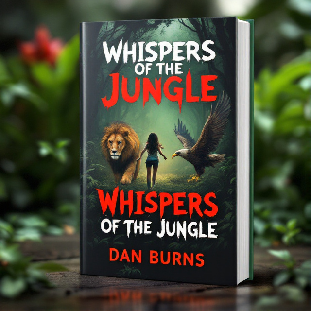 The cover features a girl running through a dense jungle, with a lion and an eagle in close pursuit. The girl is shown in the foreground, fearfully looking back at the approaching animals. The lion and eagle are depicted in mid-action, lunging towards the girl. The colors are predominantly black and red, creating a sense of danger and intensity.