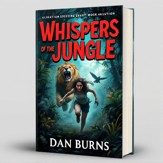 The cover features a dramatic scene with a girl running through a dense jungle, fear etched on her face. Behind her, a ferocious lion leaps forward, its mouth open wide. Above them, a bold eagle swoops down, its sharp claws ready to strike. The imagery is dynamic and captures the action and adventure theme of the book.