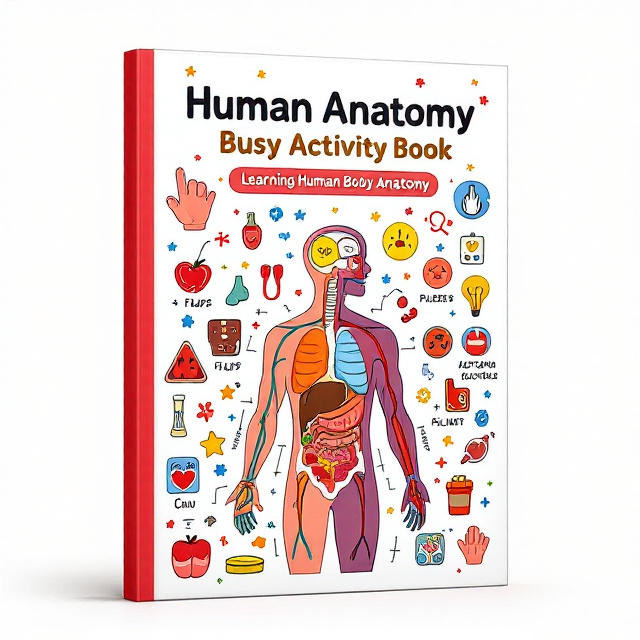 The cover features a colorful illustration of the human body, with various organs and body parts labeled. The illustration is surrounded by interactive elements such as flaps, puzzles, and activities that kids can engage with. The overall style is vibrant and playful, appealing to children.