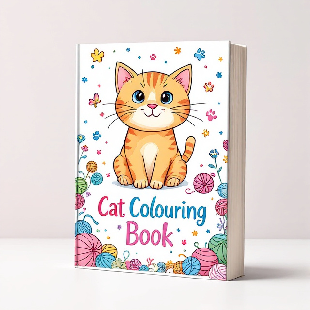The cover features a cute illustration of a cat surrounded by various colorful elements such as balls of yarn, paw prints, and butterflies. The cat is in the center, looking playful and happy, with its paws reaching out towards the viewer.
