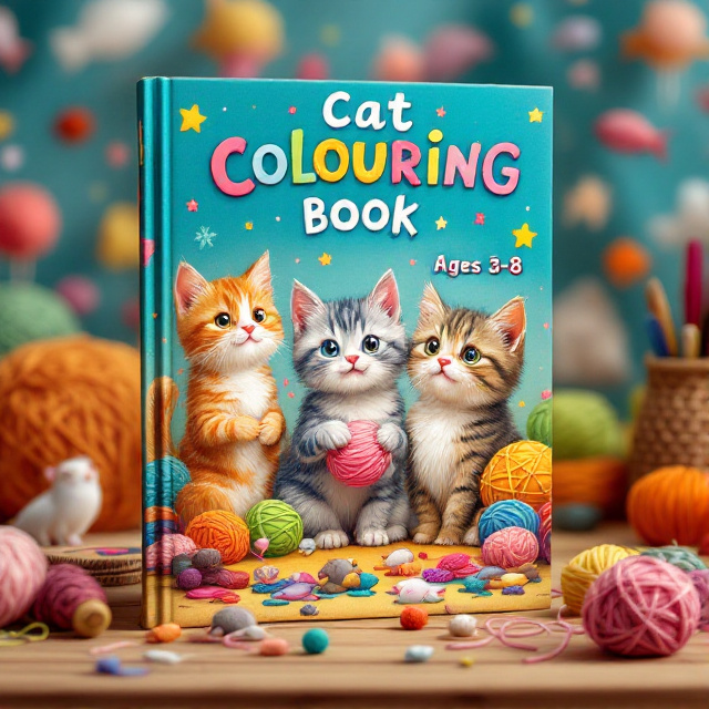 The cover features a playful scene with cute cats of different colors. The cats are surrounded by various objects like balls of yarn, fish, and mice. The background is filled with vibrant colors to catch the attention of children.
