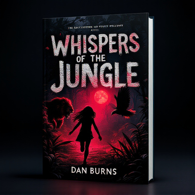 The cover features a dark, mysterious jungle scene at night. In the foreground, a girl is shown running away in fear, with a lion and an eagle chasing after her. The lion is depicted lunging forward with its claws out, while the eagle swoops down from above. The color scheme is predominantly black and red, creating a sense of danger and urgency.