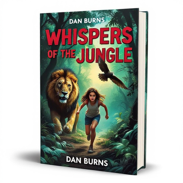 The cover features a thrilling scene in which a young girl is seen running through a dark and dense jungle. In the foreground, a fierce lion and a majestic bird of prey, resembling an eagle, are pursuing her, their eyes fixed on their prey. The overall visual style is realistic with vibrant colors, highlighting the danger and excitement of the action.