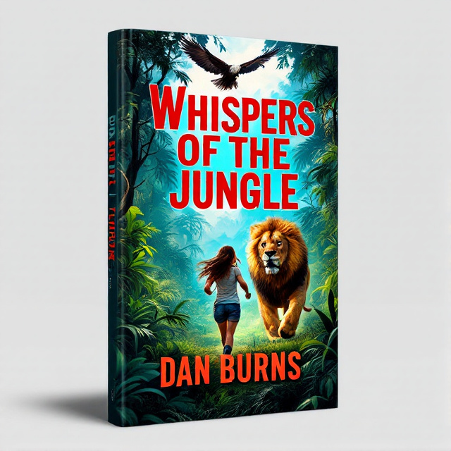 The cover depicts a girl running through a dense jungle, with a fierce lion chasing after her. In the sky, an eagle swoops down, creating a sense of urgency and danger. The overall style is realistic and dynamic, with vibrant colors and strong contrasts.