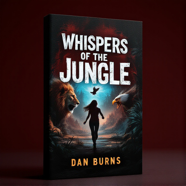 In the center of the cover, there is a silhouette of a girl running in fear. On one side, a menacing lion emerges from the darkness, ready to pounce. On the other side, a bold eagle swoops down, its sharp talons reaching out. The composition is dynamic, capturing the action and adventure of the story.