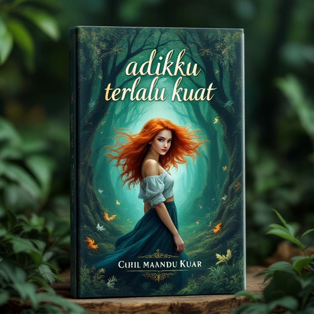 The cover features a strong, determined-looking young woman with flowing, fiery red hair. She is standing in a mystical forest, surrounded by towering trees and magical creatures. The background is filled with vibrant hues of greens and blues, adding to the fantastical atmosphere.