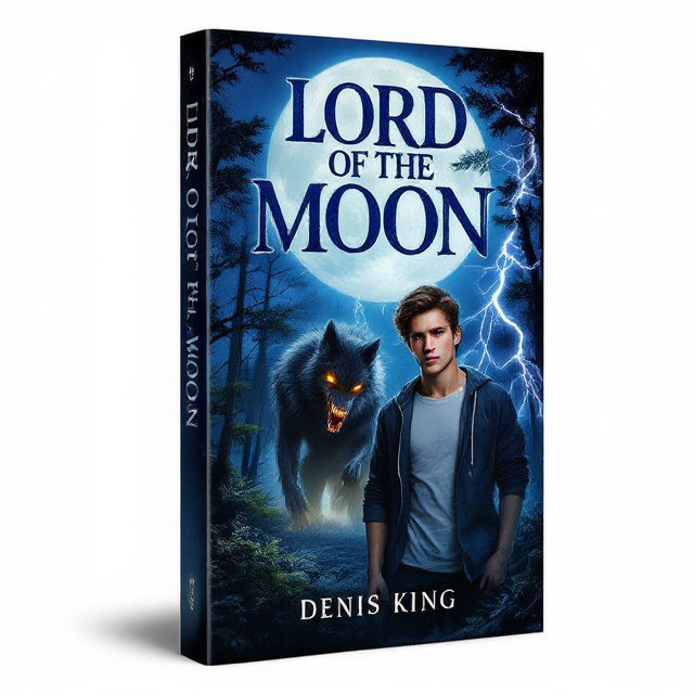 The cover features a young man standing in front of a dark, ominous forest. On one side, a werewolf is emerging from the shadows, with its glowing yellow eyes and sharp teeth visible. The full moon rises behind them, casting an eerie light on the scene. A lightning storm is brewing in the background, adding to the suspense and thrill of the cover.