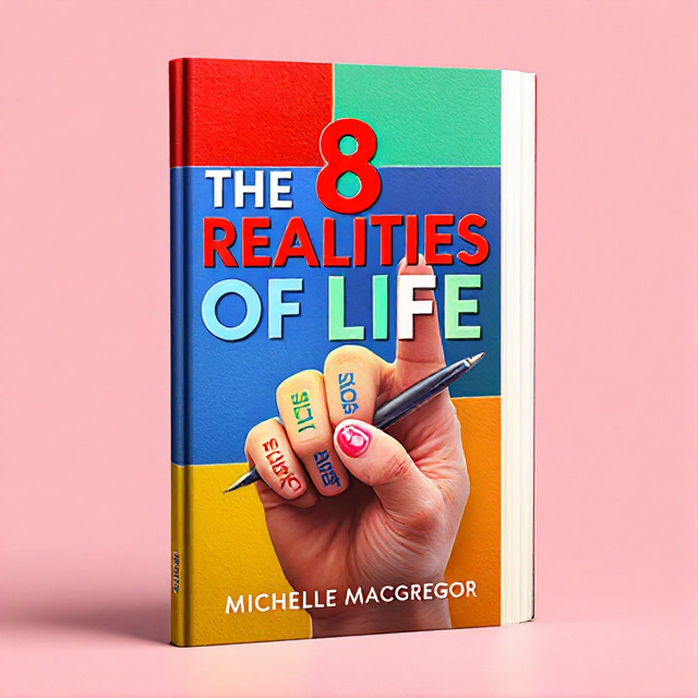 The cover features a close-up image of a hand holding a pen, with the words "The 8 Realities of Life" written in bold, vibrant colors on the fingers. The background consists of colorful blocks of red, blue, yellow, and green, symbolizing the different aspects of life. The hand and the words create a sense of anticipation and eagerness, inviting readers to engage with the book.