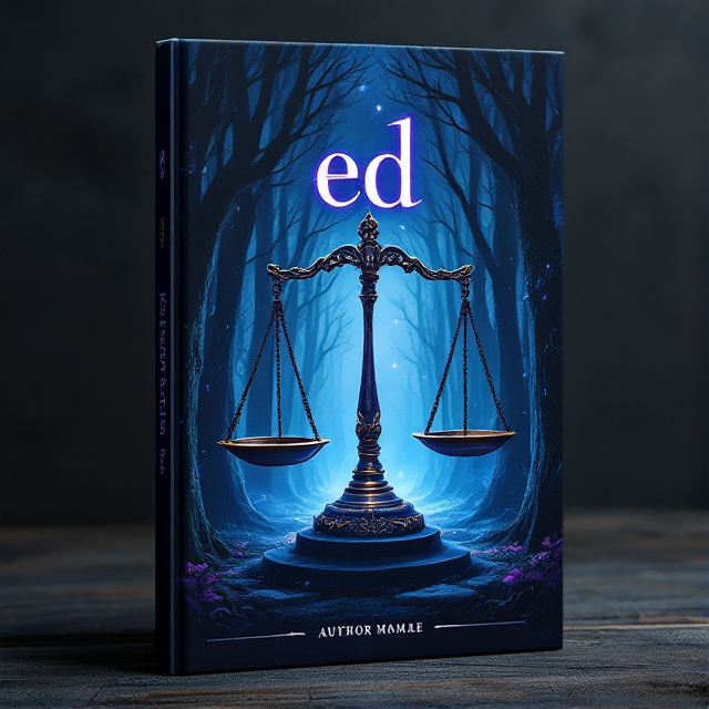 The cover features a mystical forest scene with towering trees and a hint of magic in the air. In the center, there is a large, ornate scale representing justice, balanced perfectly. The overall color palette is dark and mysterious, with pops of vibrant blues and purples to create a sense of fantasy.