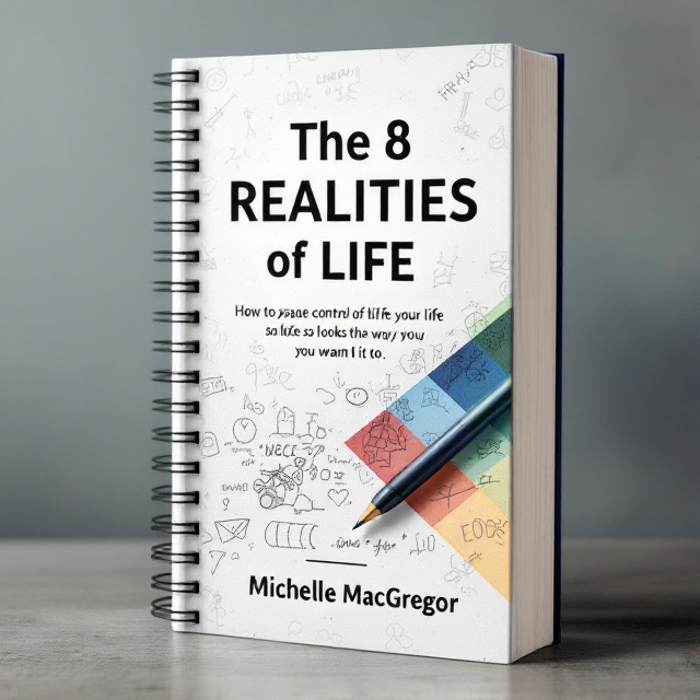 The cover features a close-up of a notebook or journal, with a pen resting on top. The notebook has handwritten notes and doodles, symbolizing self-reflection and personal growth. In the corner of the cover, there is a vibrant gradient of red, blue, green, and yellow colors, representing the different realities of life. The title is placed prominently at the top, with the author's name at the bottom.