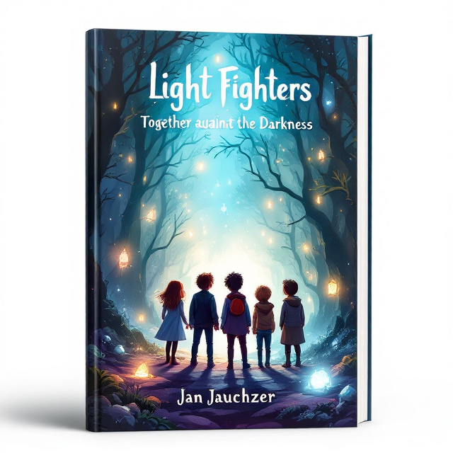 The cover features Elysia, Leni, Ben, and Jana standing in a magical forest, surrounded by luminous stones and mysterious shadows. The children are positioned in the foreground, while the forest extends into the background, creating depth and intrigue. The overall style is vibrant and whimsical, with detailed illustrations that capture the sense of adventure and wonder.