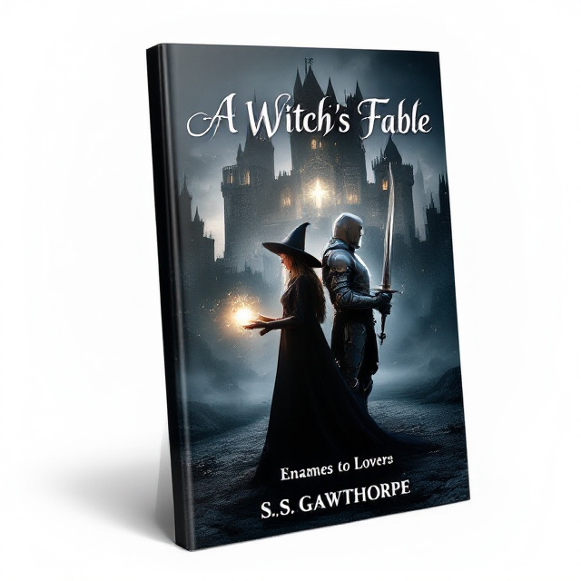 The cover features a dark castle in the background with a mystical atmosphere. In the foreground, a witch and a knight stand back to back, representing the enemies to lovers theme. The witch holds a glowing orb, symbolizing her witchcraft powers, while the knight holds a sword, representing his role as a protector.