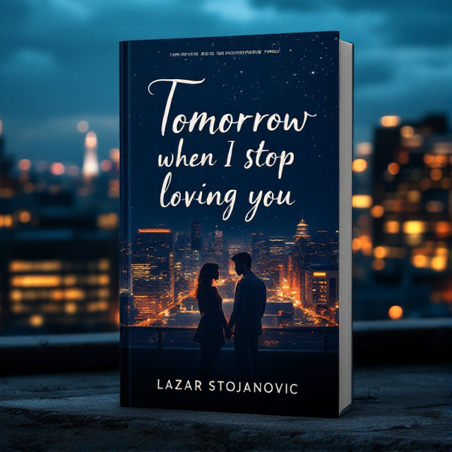 The cover features a couple standing on a city rooftop at night, with the city lights and buildings in the background. The couple is facing away from each other, symbolizing their upcoming breakup, and there is a sense of longing and sadness in their body language.