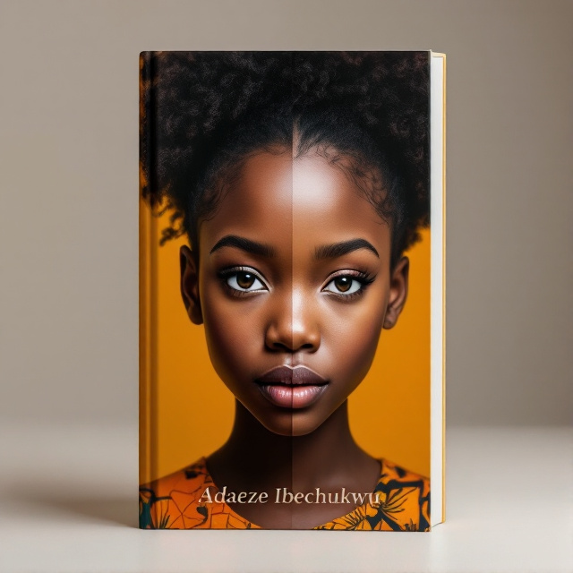 The cover features a female African child with two sides to her face, one side representing a child and the other side an adult. The child side appears innocent and playful, while the adult side shows maturity and strength. The composition is balanced, with the child and adult faces occupying equal space on the cover. The color palette is warm and vibrant, reflecting the African culture and tradition.