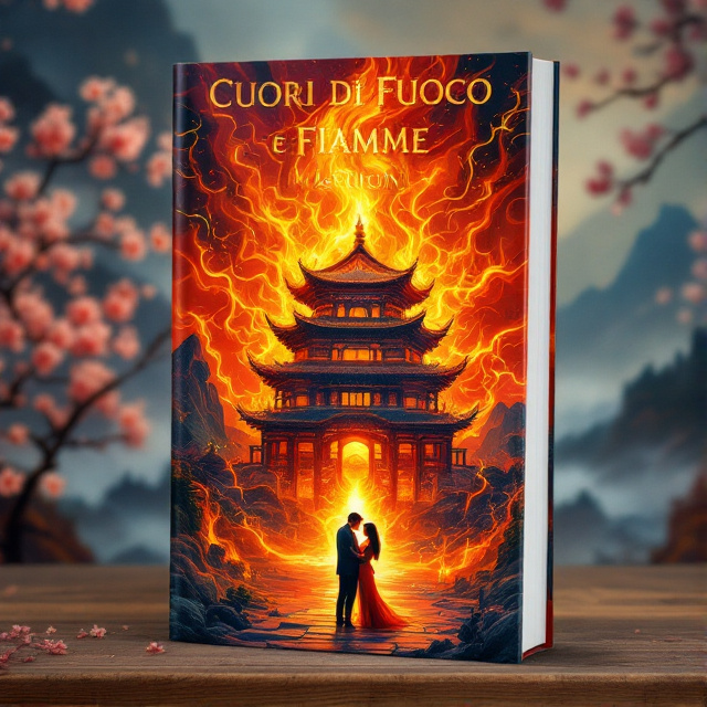 The cover features a vibrant and mystical Chinese palace at the center, surrounded by swirling flames. In the foreground, there is a couple embracing, symbolizing love amidst the chaos of war. The background showcases a mystical Chinese landscape, with mountains and cherry blossom trees.