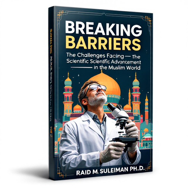 The cover features a close-up image of a scientist wearing a lab coat, holding a microscope, and looking up with a determined expression. Behind the scientist, there is a stylized representation of a mosque with vibrant colors and geometric patterns. The title of the book is displayed prominently at the top, while the author's name is placed at the bottom right corner.